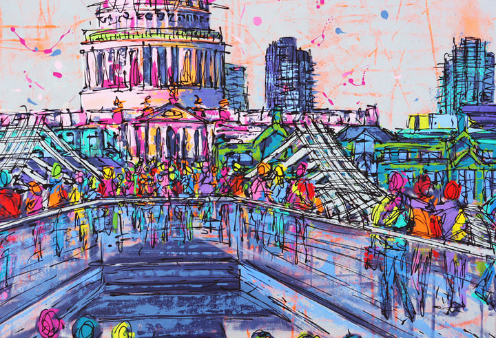 Close up of original large colourful painting of Millennium Bridge and St Paul’s Cathedral by artist Hannah van Bergen