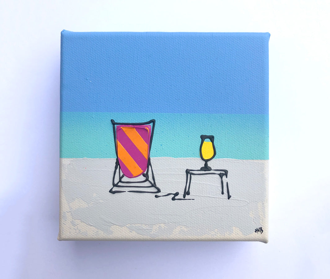 Original textured mini canvas painting of a colourful deckchair and cocktail on the beach with blue sky by artist Hannah van Bergen