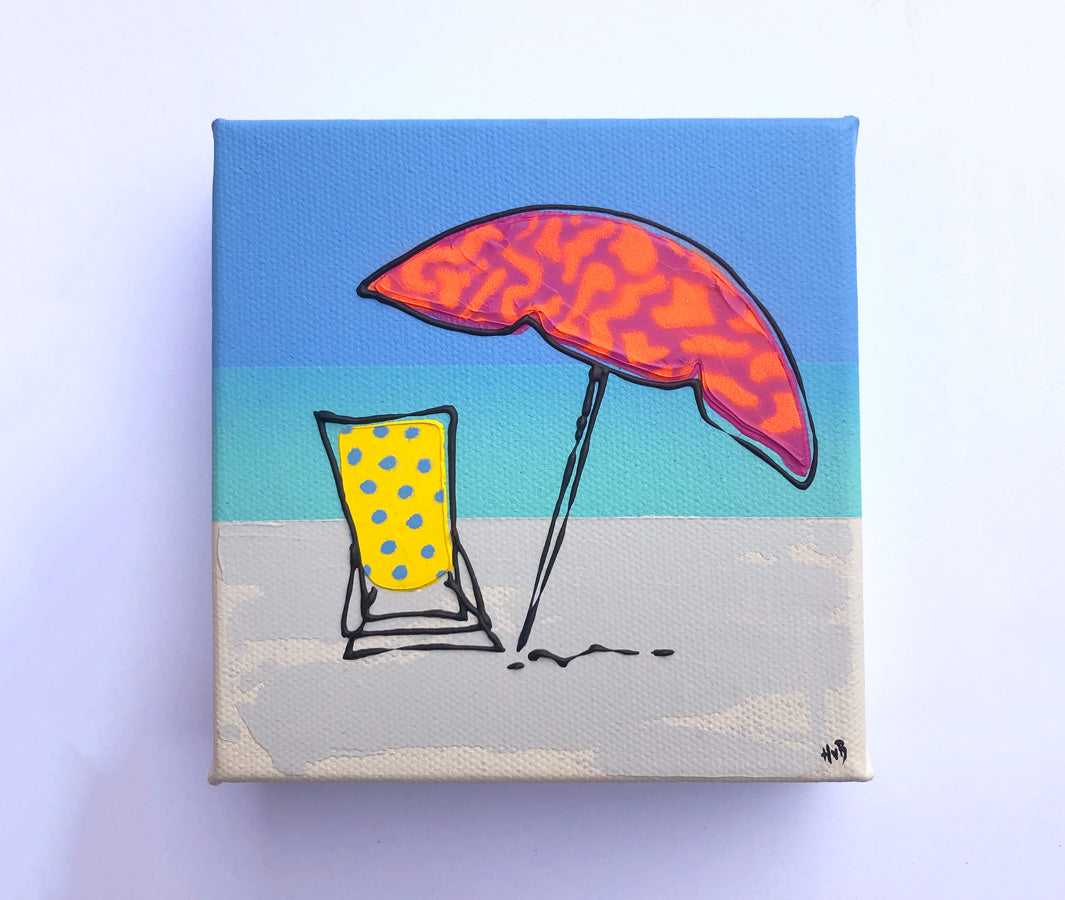 Original textured mini canvas painting of a colourful deckchair and parasol on the beach with blue sky by artist Hannah van Bergen