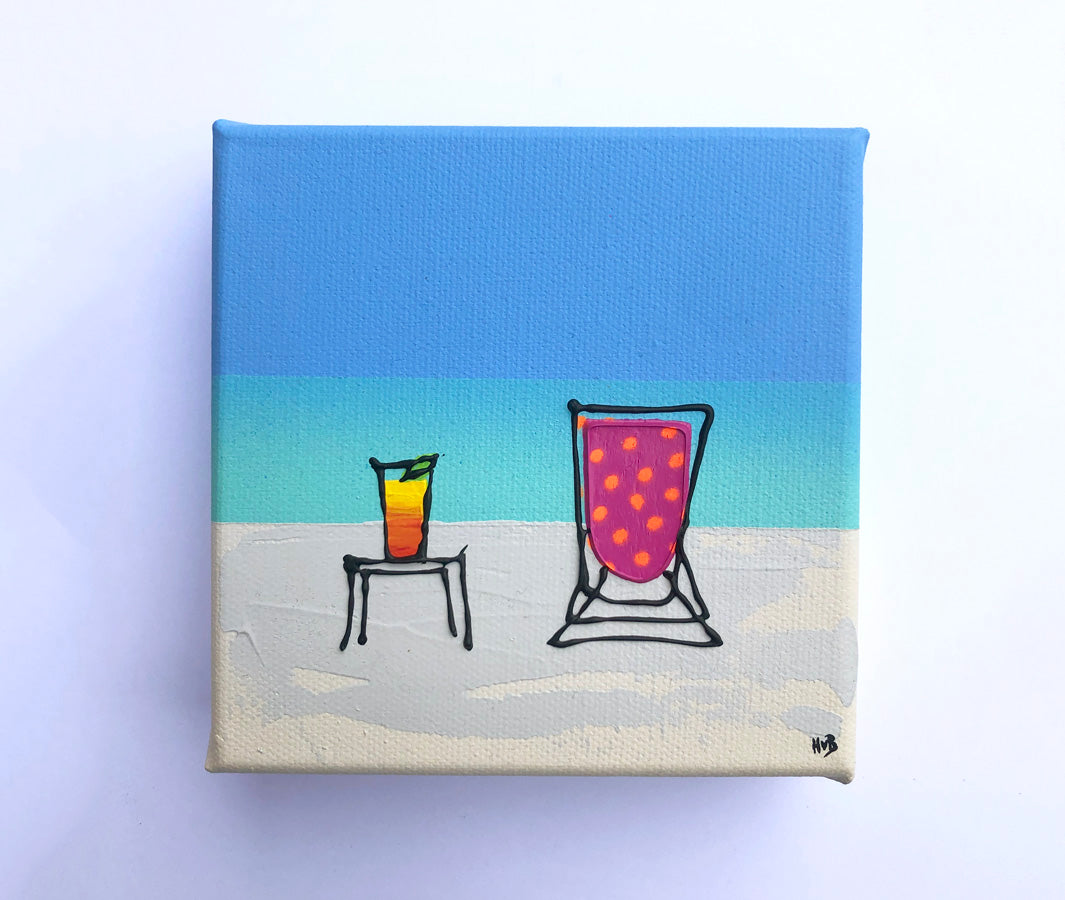 Original textured mini canvas painting of a colourful deckchair and cocktail on the beach with blue sky by artist Hannah van Bergen