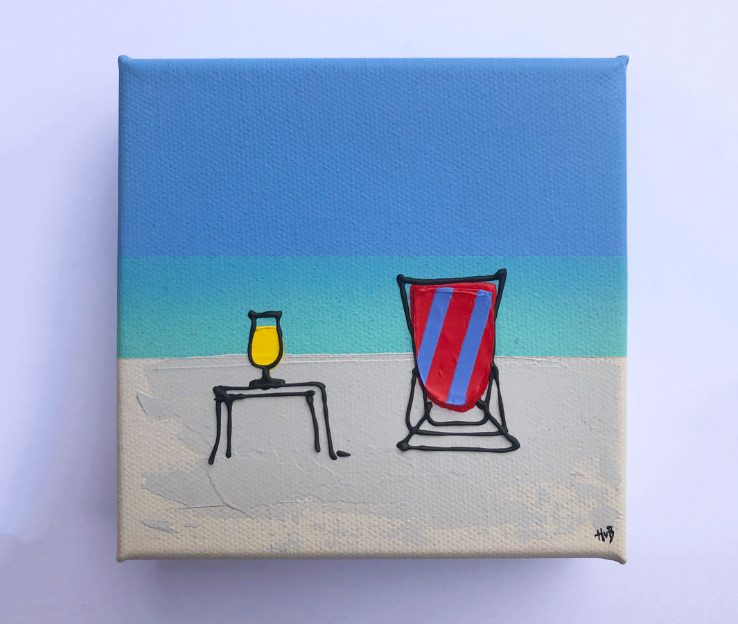 Original textured mini canvas painting of a colourful deckchair and beer on the beach with blue sky by artist Hannah van Bergen