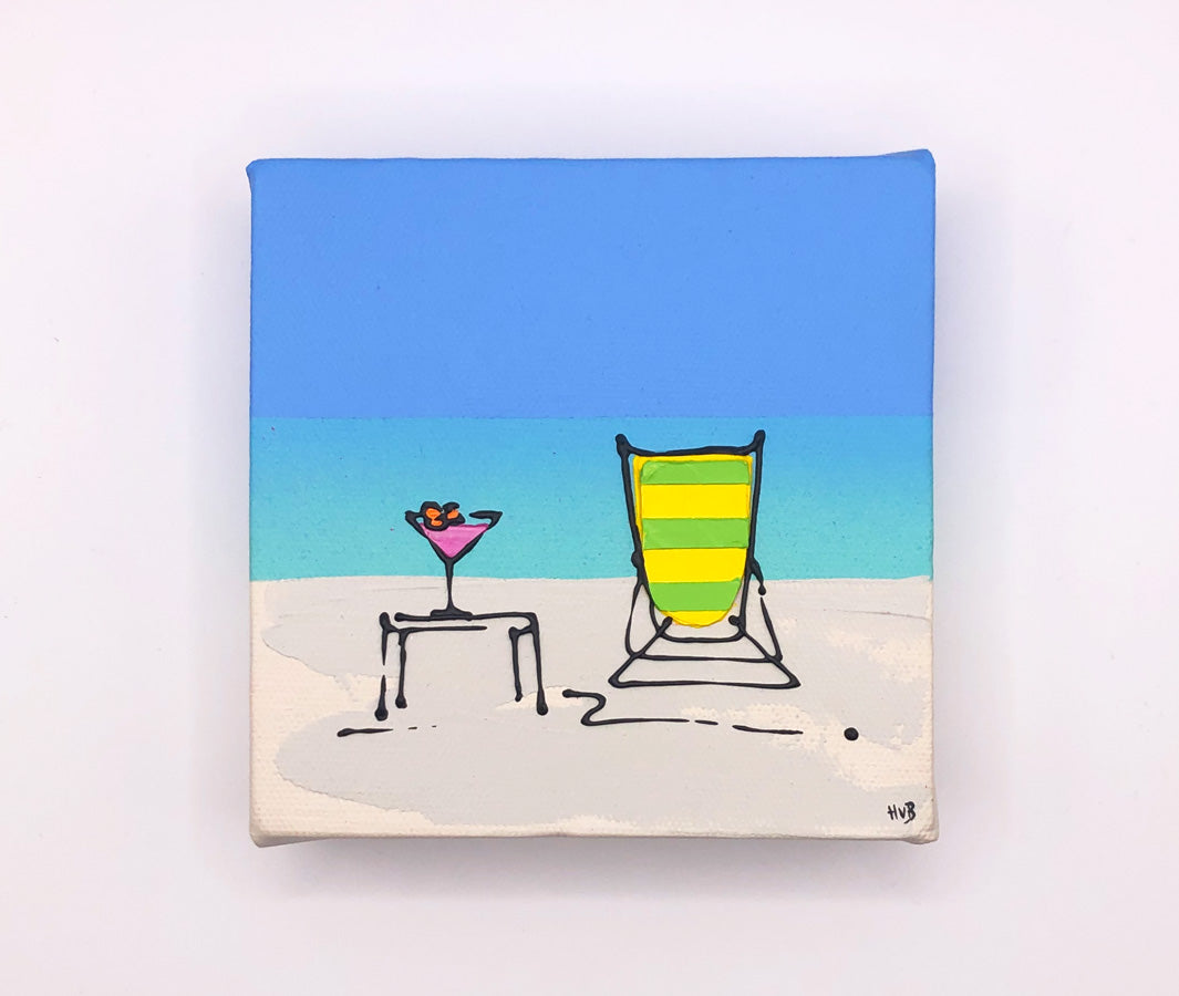 Original textured mini canvas painting of a colourful deckchair and cocktail on the beach with blue sky by artist Hannah van Bergen
