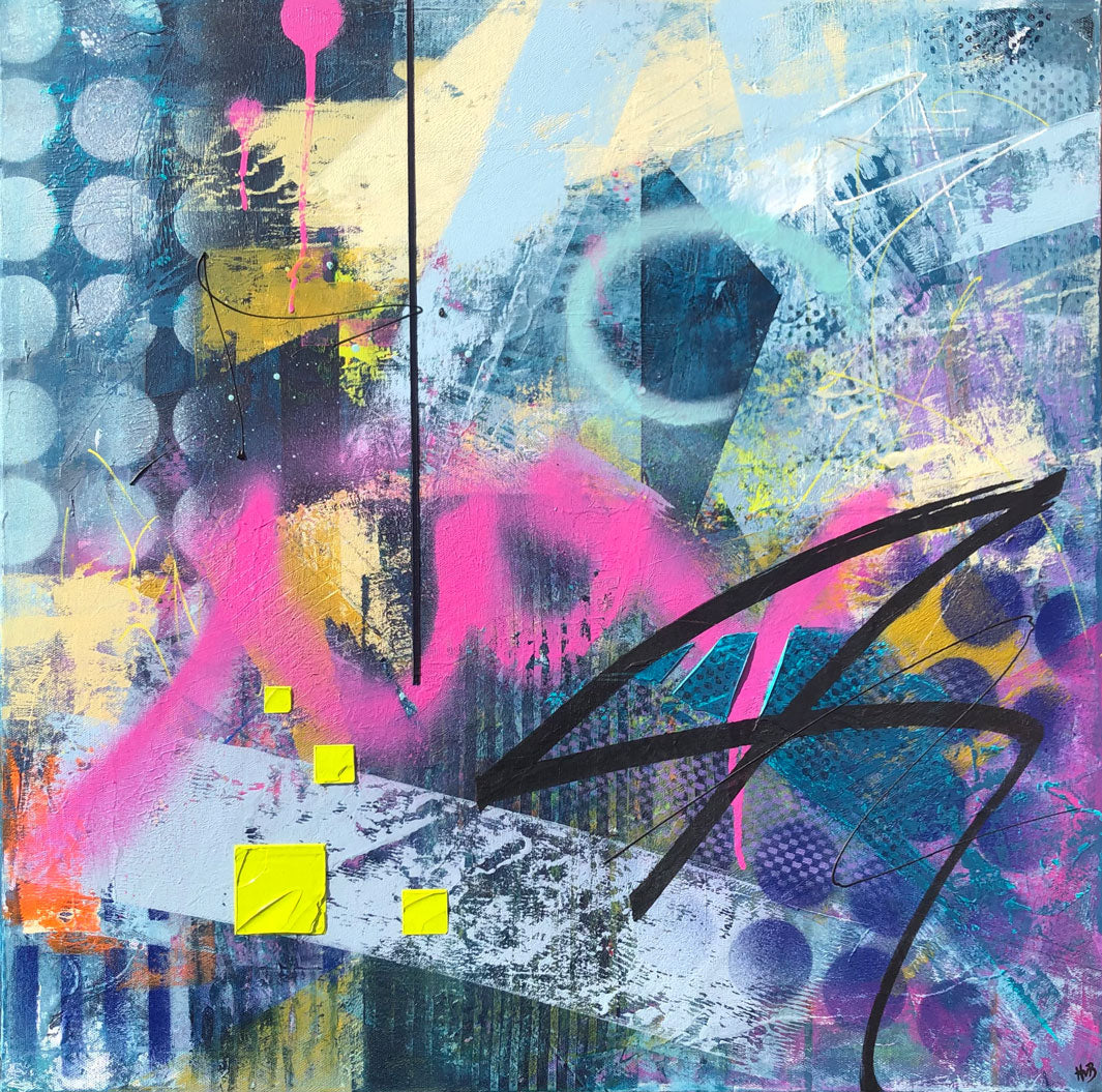 Original textured industrial abstract painting with blues, yellow, pink and black by artist Hannah van Bergen. Spray paint and thick paint strokes.