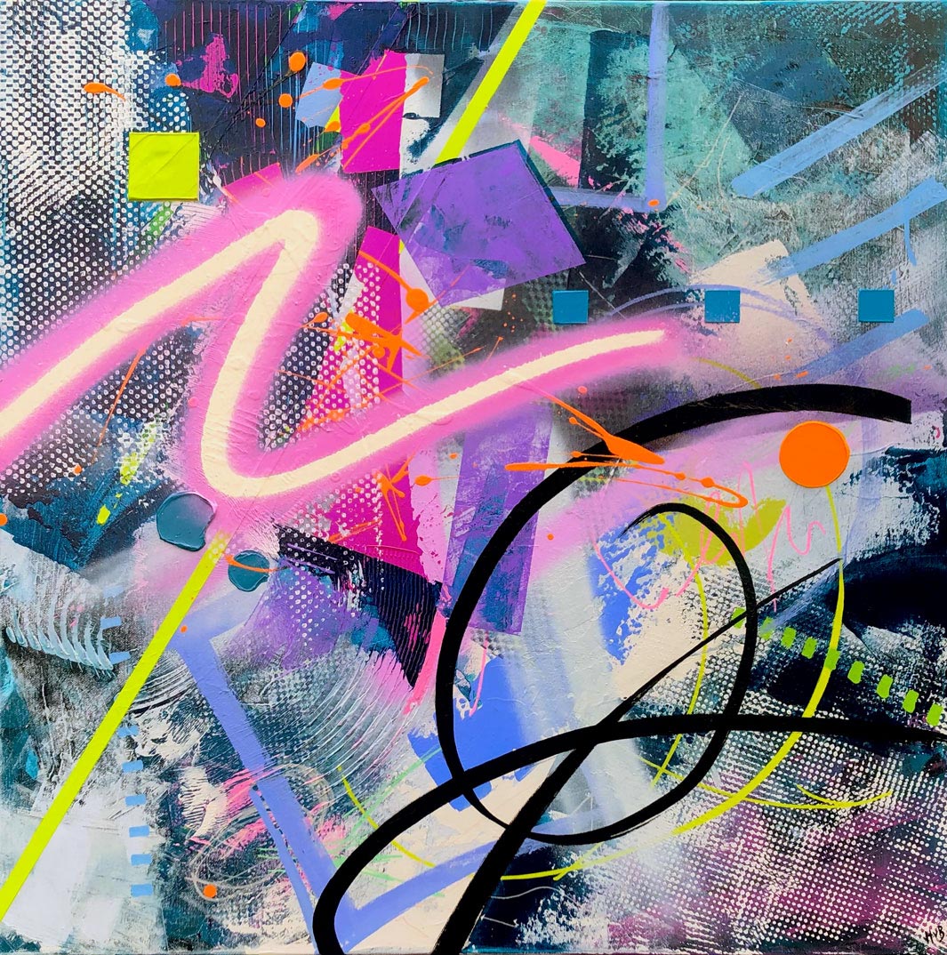 Original textured industrial abstract painting with blues, green, pink, neon, yellow purple and black by artist Hannah van Bergen. 80s disco vibes. Spray paint and thick paint strokes.