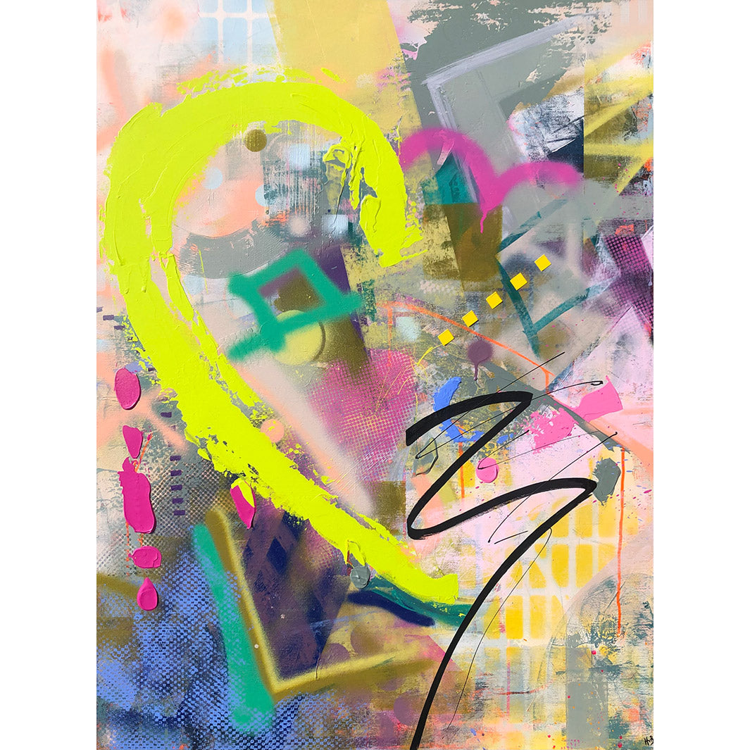 Original large colourful textured abstract painting with yellows, picks, blues, greens, sage and black by artist Hannah van Bergen. Spray painted shapes and thick paint strokes.