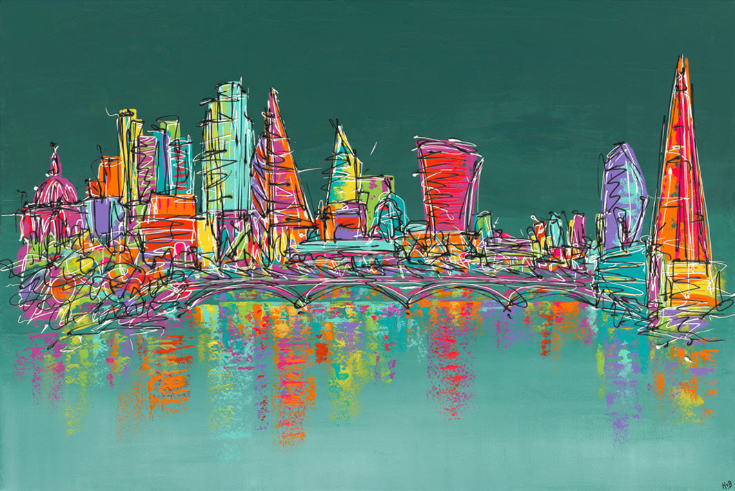 Original large painting of colourful London skyline on tonal green background with neon highlights by artist Hannah van Bergen