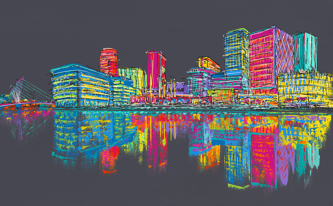 Original painting of Media City, Salford, with colourful buildings on dark grey background and reflections on the quays by artist Hannah van Bergen