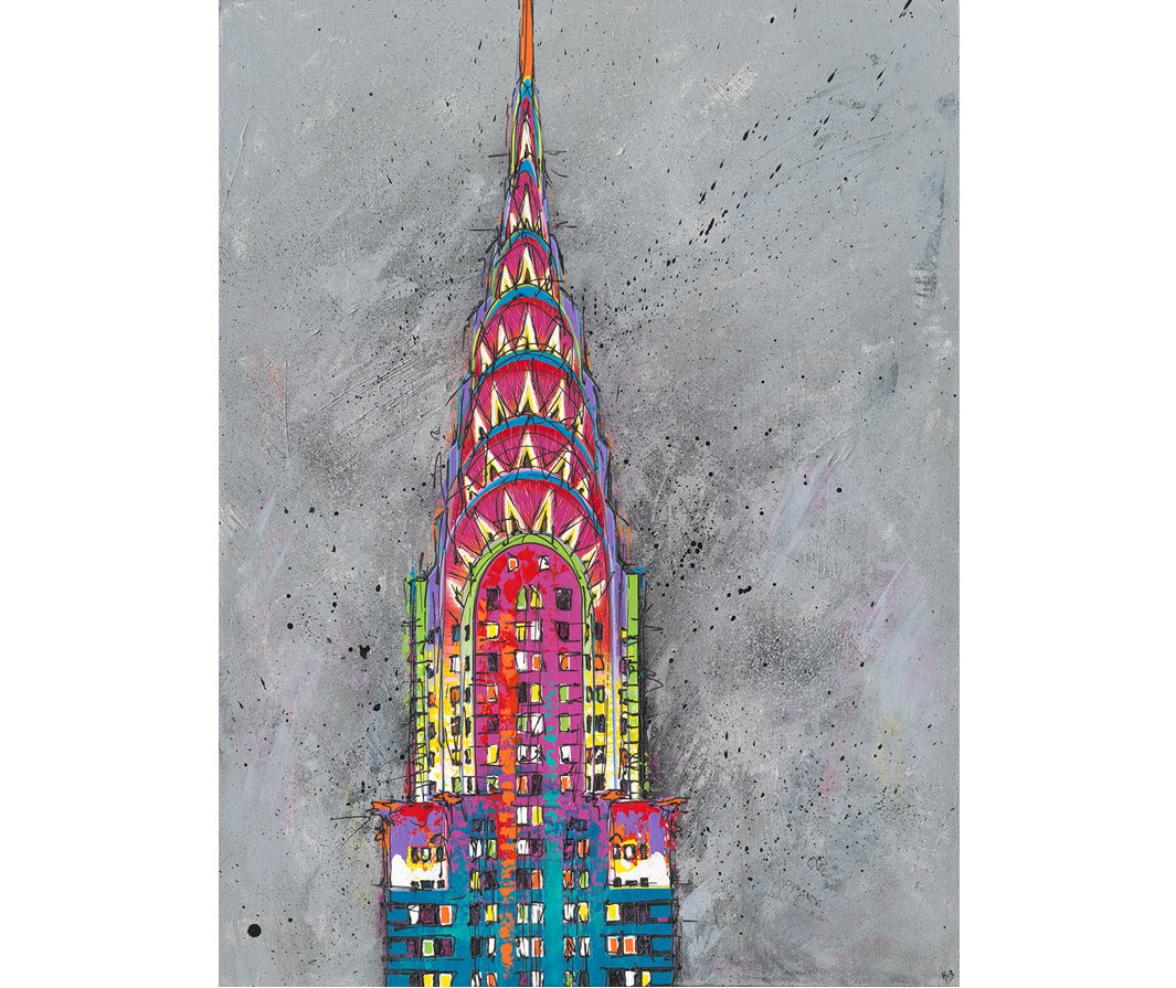 Original bright colourful painting of the Chrysler Building, New York, on grey background by artist Hannah van Bergen