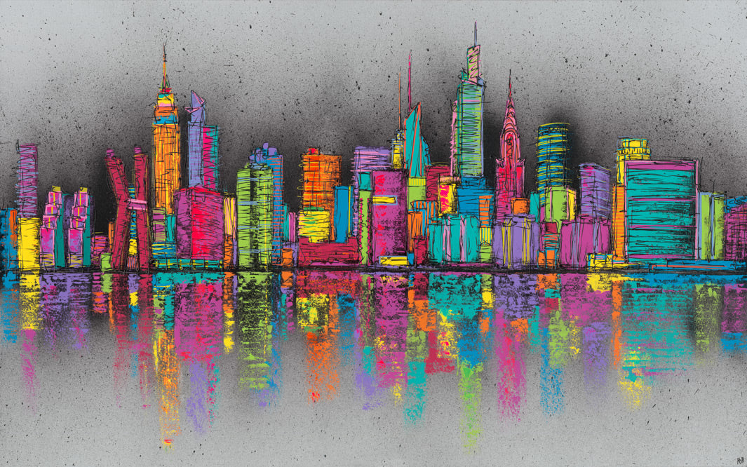 Original painting of the Manhattan skyline view from Queens with brightly coloured skyscrapers and reflections by artist Hannah van Bergen