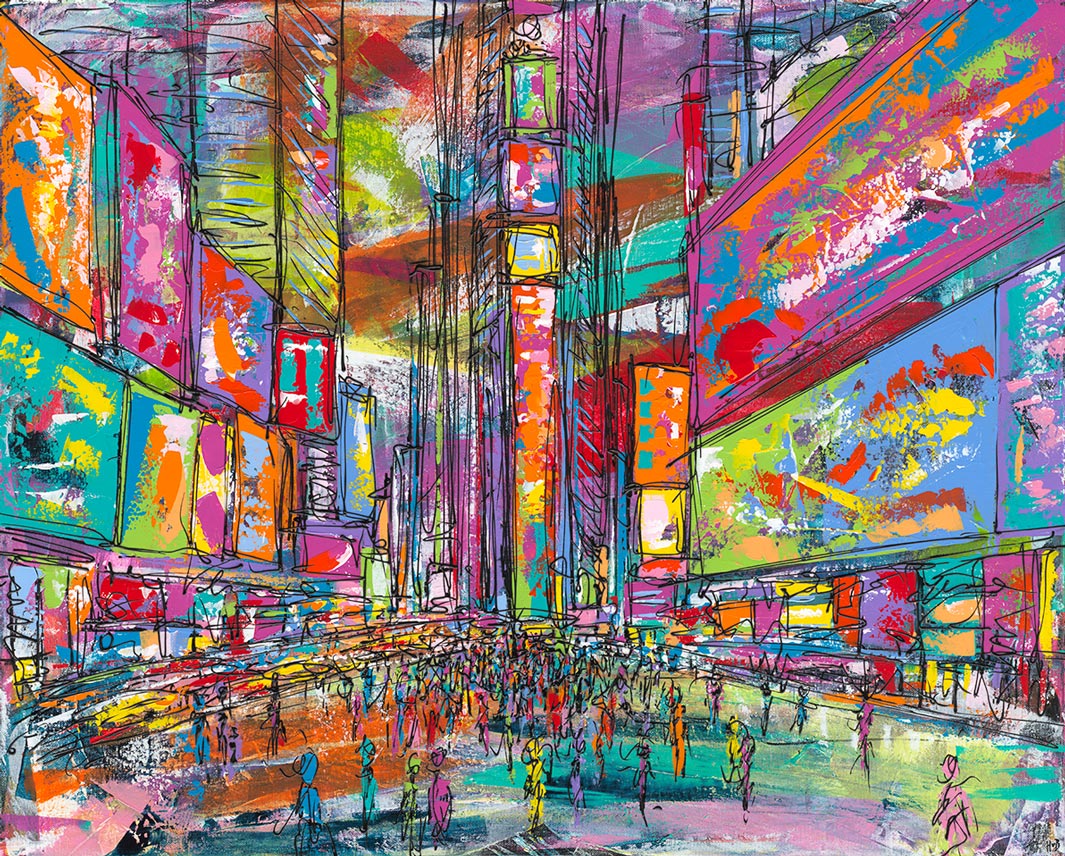 Original multicolour bright painting of Times Square, New York by artist Hannah van Bergen