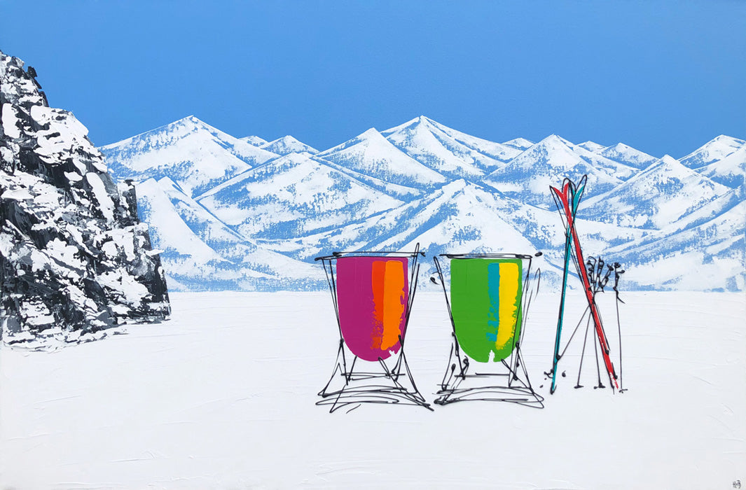 Original painting of 2 colourful deckchairs and skis in the snow on a sunny day with mountain backdrop and rock in foreground by artist Hannah van Bergen
