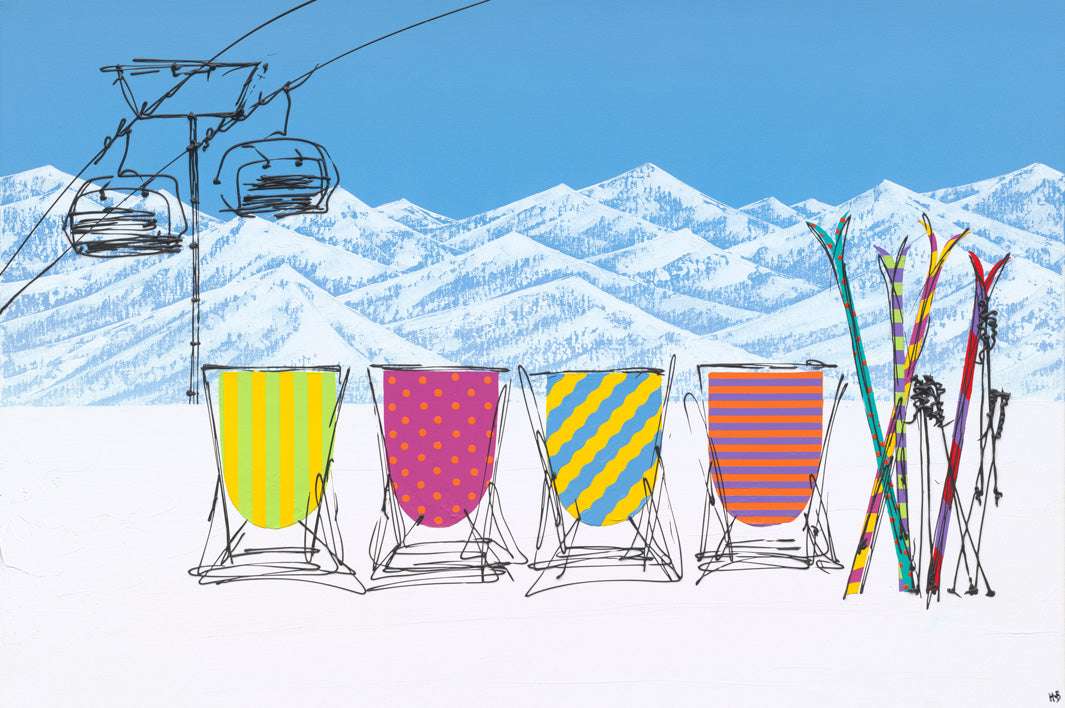 Original painting of 4 colourful patterned deckchairs and skis in the snow on a sunny day with mountain backdrop and rock in foreground by artist Hannah van Bergen