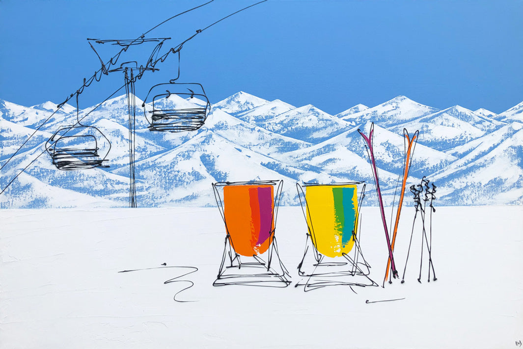 Original painting of two deckchairs and skis in the snow with mountain view and chairlift by artist Hannah van Bergen