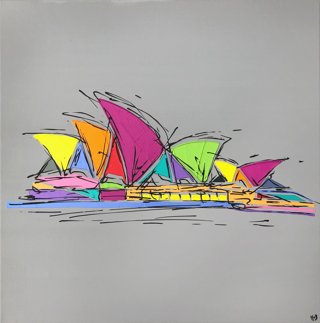 Original colourful painting of Sydney Opera House with grey background by artist Hannah van Bergen