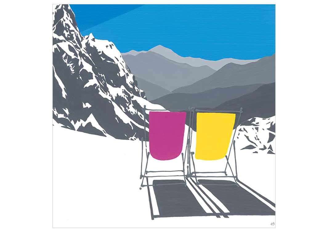 Greetings card featuring 2 deckchairs in the snow with mountain view by artist Hannah van Bergen
