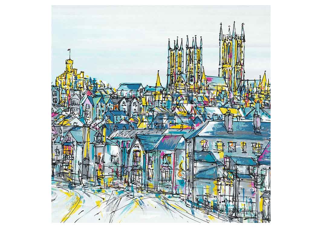 Greetings card of Lincoln with castle, cathedral and rooftops by artist Hannah van Bergen