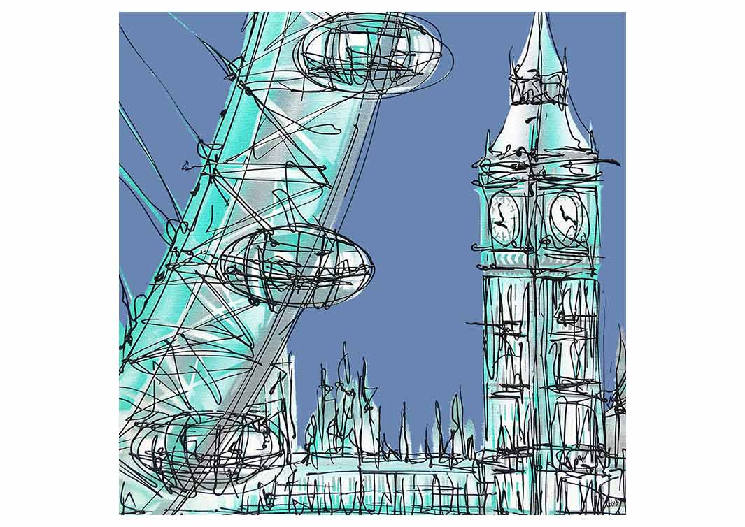Greetings card showing Big Ben and the London Eye by artist Hannah van Bergen