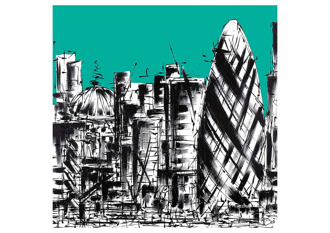 Greetings card of the City of London on green background by artist Hannah van Bergen