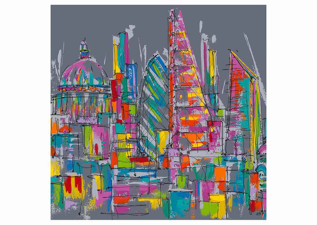 Colourful greetings card of the City of London on grey background by artist Hannah van Bergen