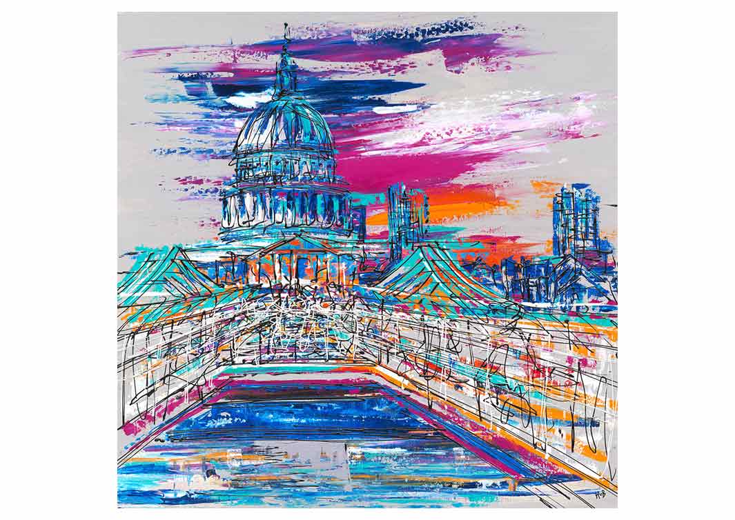 Colourful greetings card of St Paul's Cathedral from Millennium Bridge by artist Hannah van Bergen
