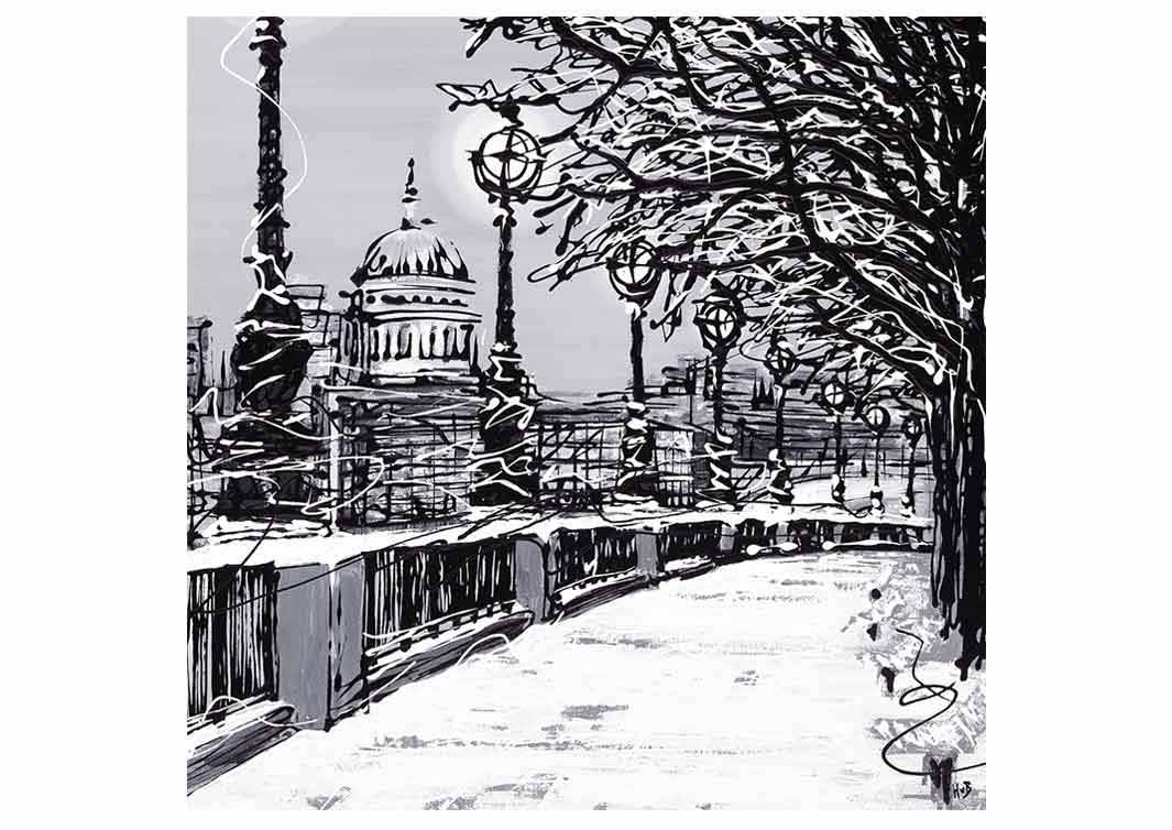 Black and white snowy greetings card showing St Paul's Cathedral from Southbank in London by artist Hannah van Bergen