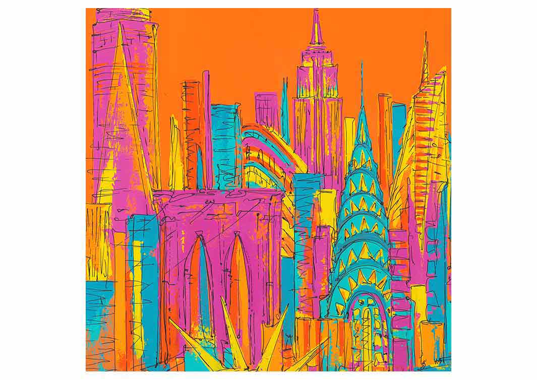 Bright and colourful greetings card of New York landmarks on orange background by artist Hannah van Bergen