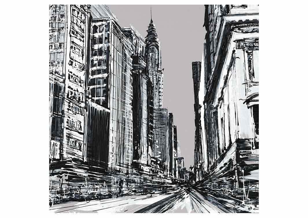 Greetings card showing a New York street scene with the Chrysler Building in the background by artist Hannah van Bergen