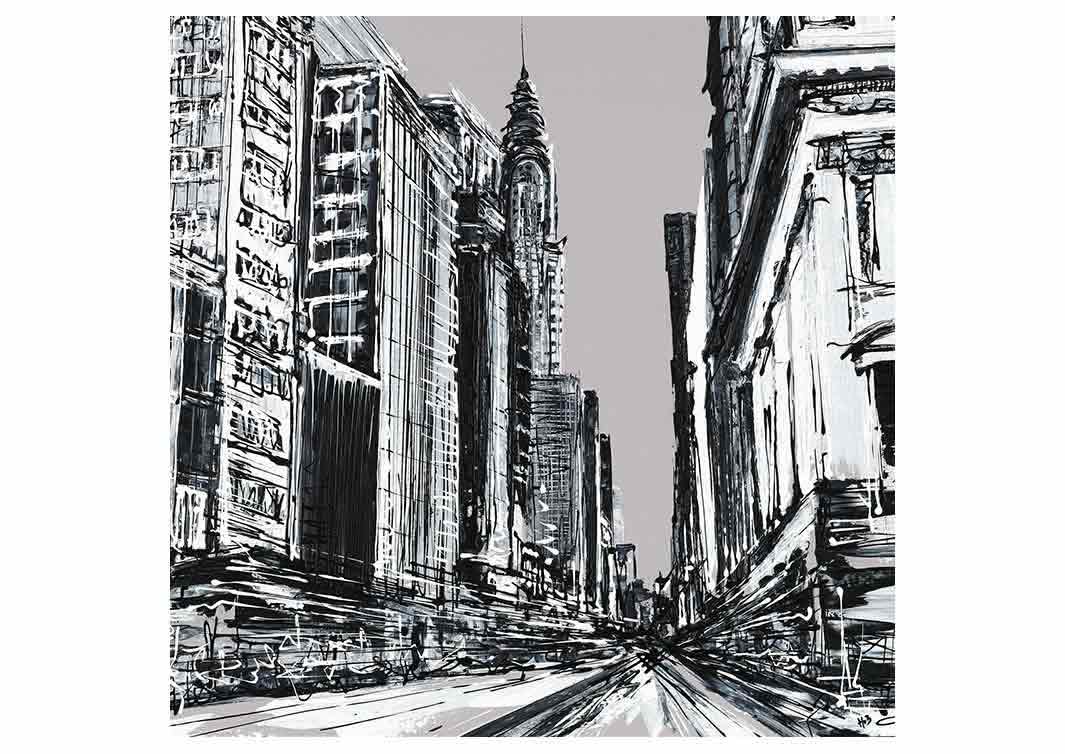 Greetings card showing a New York street scene with the Chrysler Building in the background by artist Hannah van Bergen
