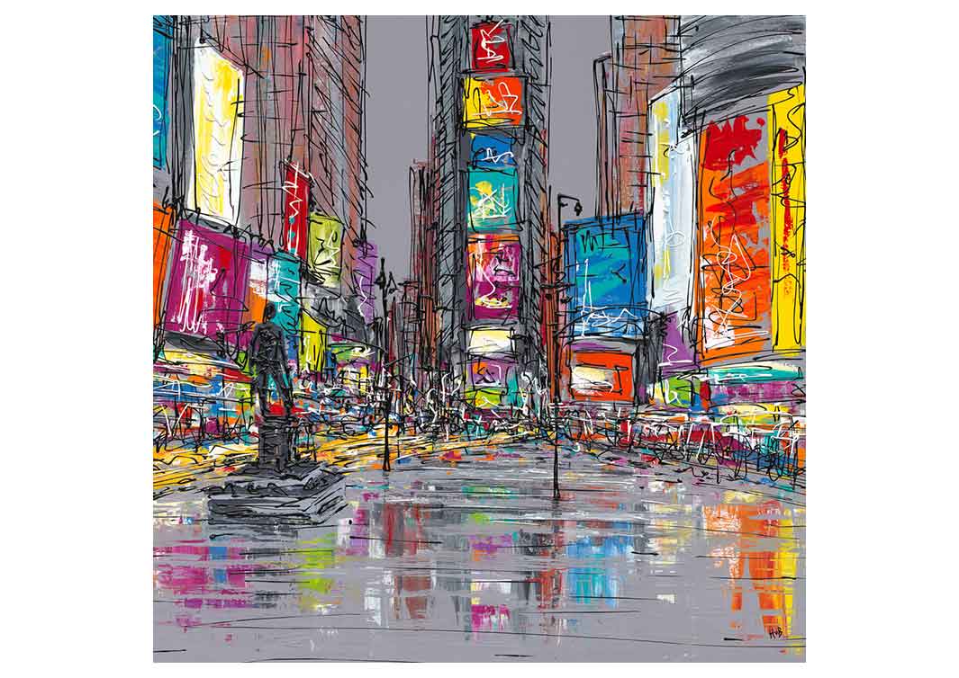 Colourful greetings card showing reflections in Times Square, New York, by artist Hannah van Bergen