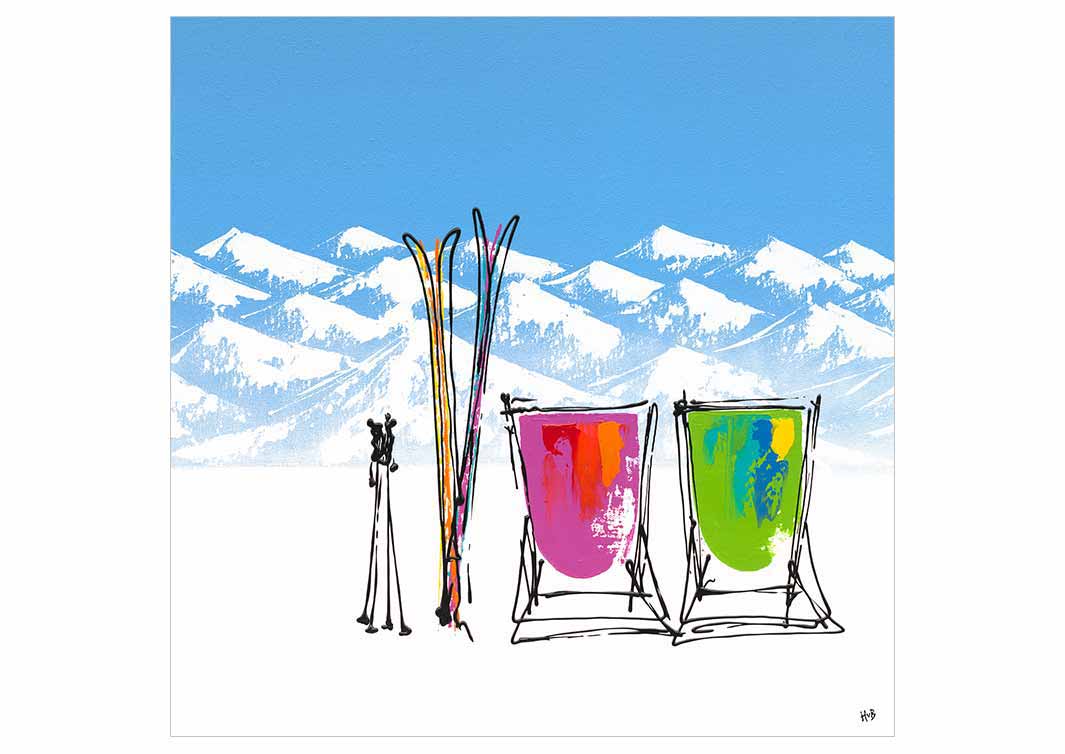 Greetings card featuring 2 deckchairs, skis and poles in the snow with mountain backdrop by artist Hannah van Bergen