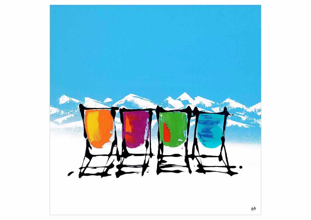 Greetings card featuring 4 deckchairs in the snow with mountain backdrop by artist Hannah van Bergen