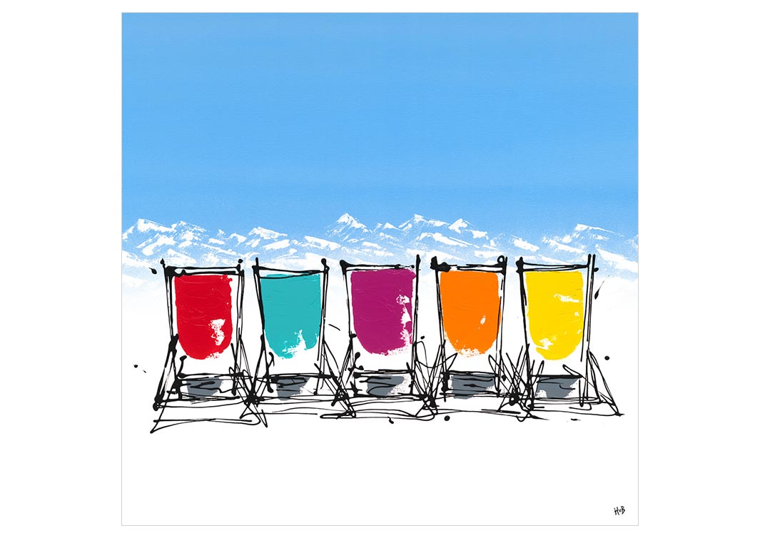 Greetings card featuring 5 deckchairs in the snow with mountain backdrop by artist Hannah van Bergen