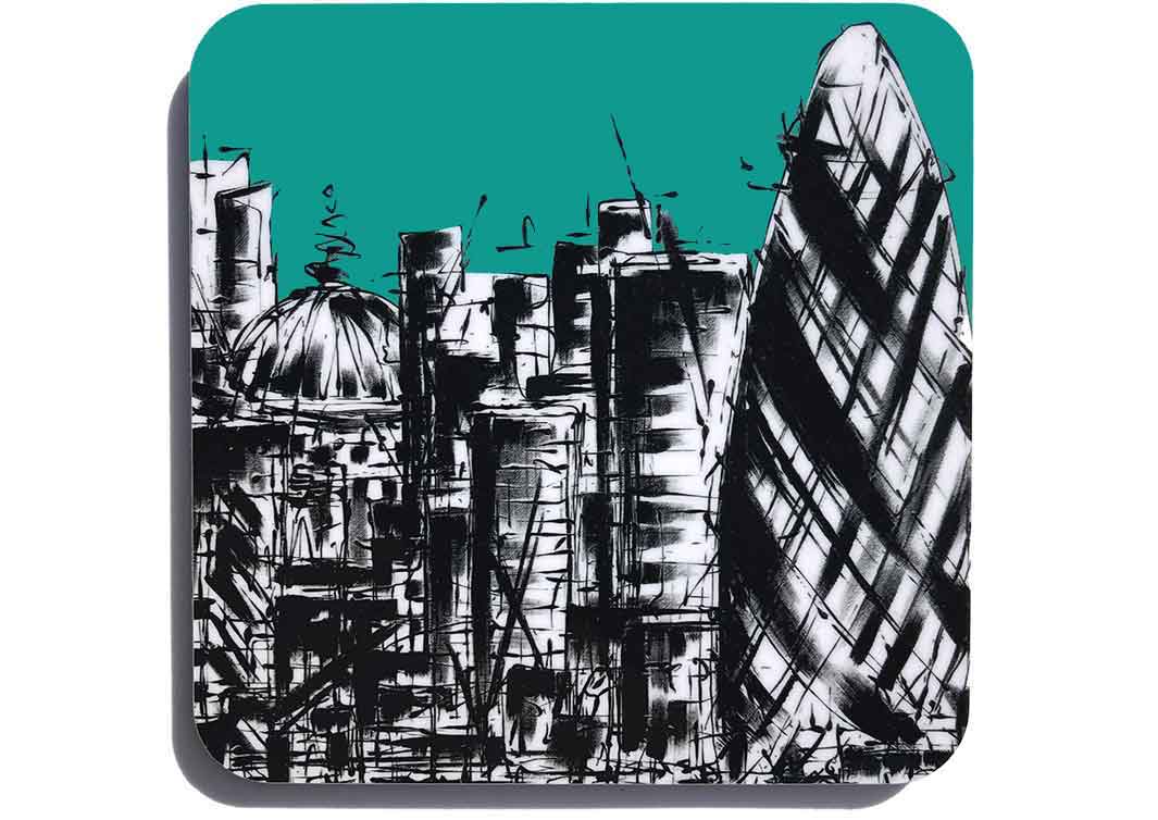 Art coaster of London landmarks with green turquiose background by artist Hannah van Bergen