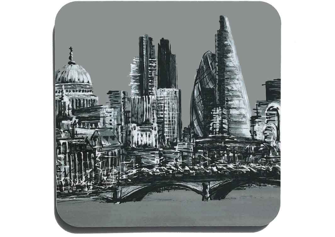 Grey art coaster of St Paul's, the Gherkin and Cheesegrater by artist Hannah van Bergen