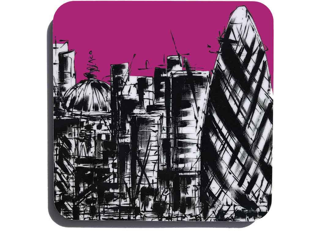 Art coaster of London landmarks with bright pink background by artist Hannah van Bergen