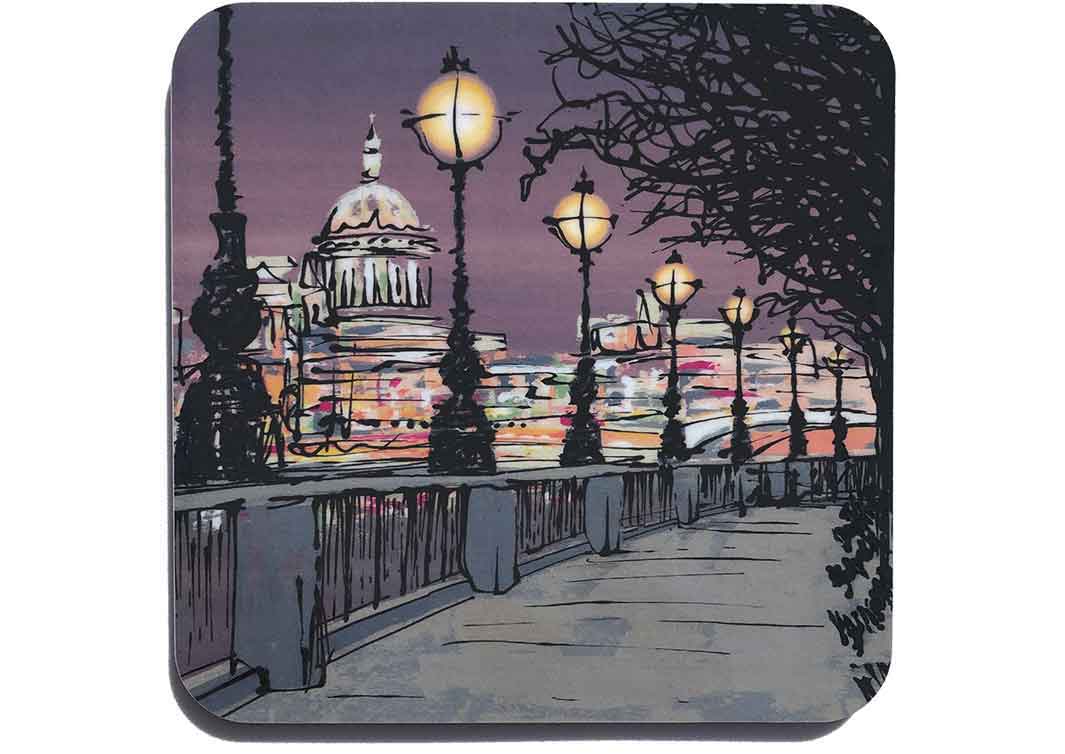 Art coaster of London Southbank at dusk with streetlights and St Paul’s by artist Hannah van Bergen