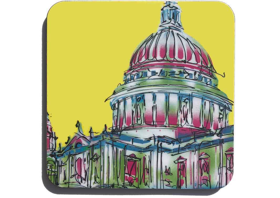 Bright yellow art coaster of St Paul's Cathedral London by artist Hannah van Bergen