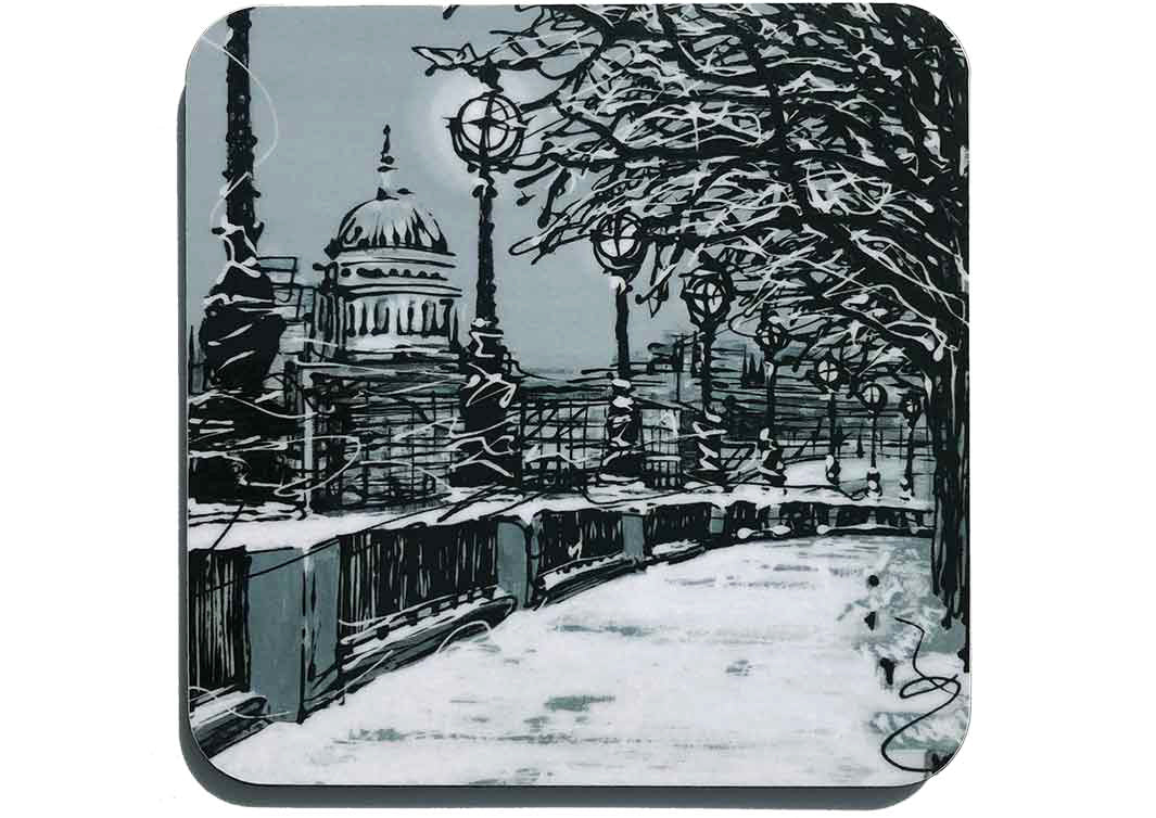 Black and white art coaster of London in snow by artist Hannah van Bergen