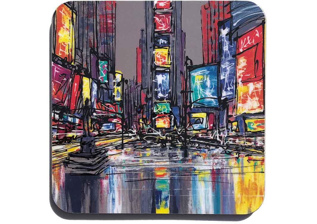 Colourful New York art coaster of Times Square by artist Hannah van Bergen