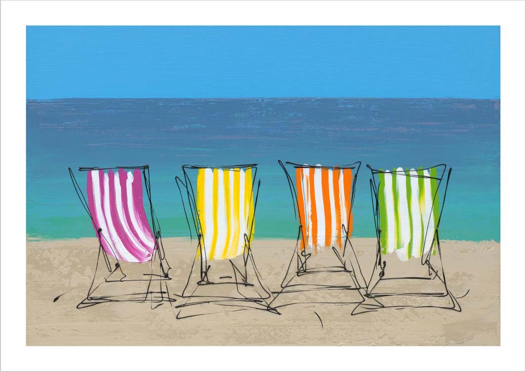 Colourful art print of 4 stripy deckchairs on a beach by artist Hannah van Bergen