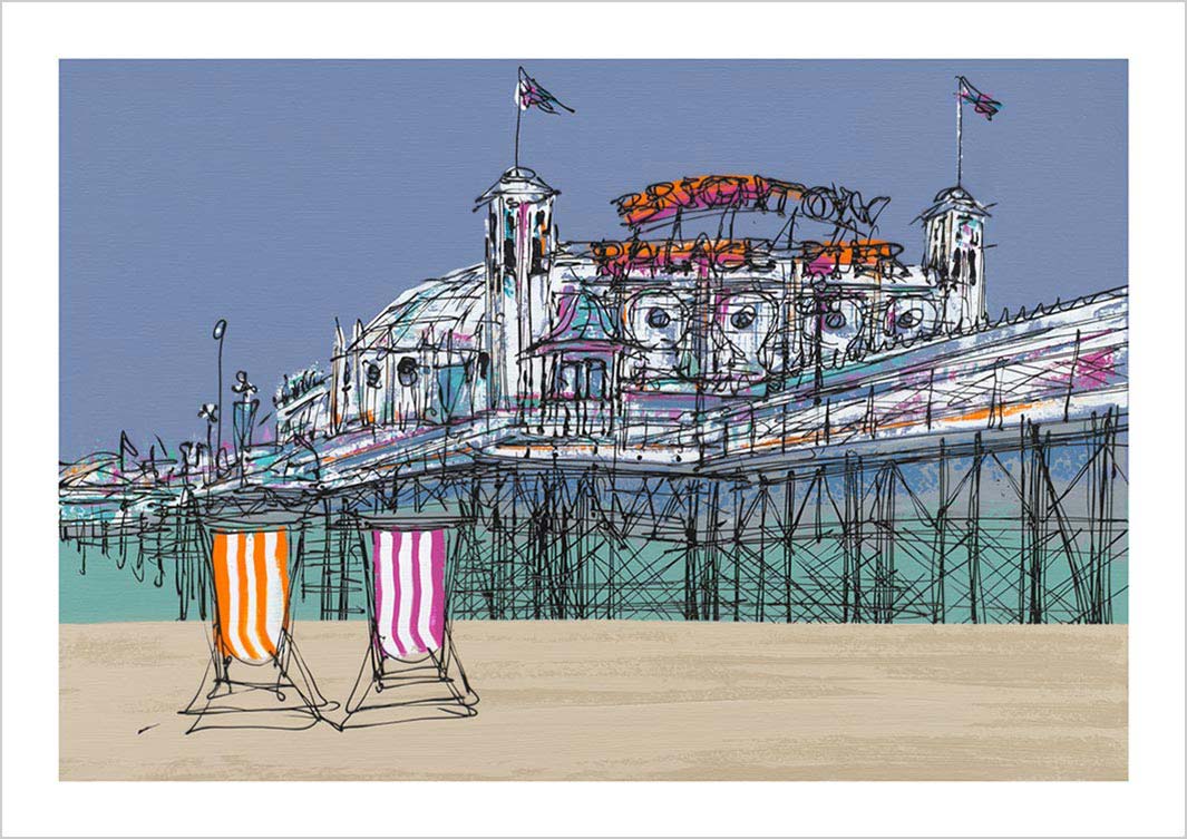 Art print of Brighton Palace Pier with deckchairs on beach by artist Hannah van Bergen