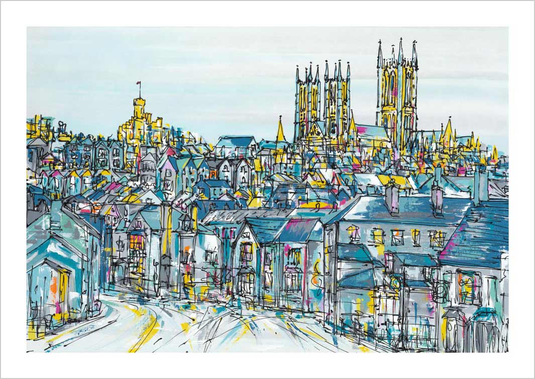 Art print of Lincoln with the castle, cathedral and rooftops by artist Hannah van Bergen