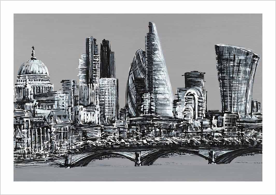 Black and white London art print showing St Paul's Cathedral, the Gherkin, Cheesegrater and Walkie Talkie by artist Hannah van Bergen