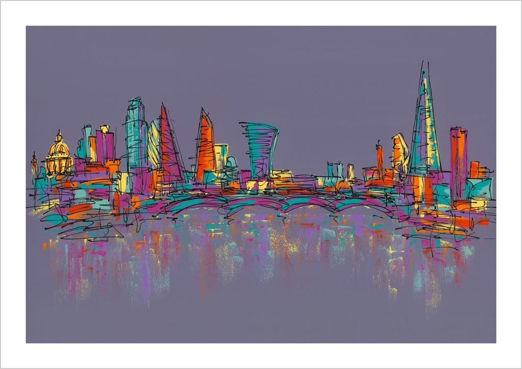 Purple London art print with landmarks including St Paul's, the Gherkin and the Shard by artist Hannah van Bergen