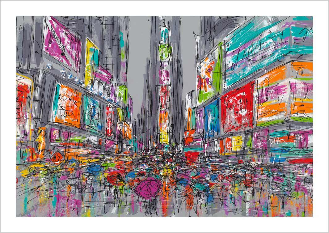 Colourful New York art print of a rainy day in Times Square by artist Hannah van Bergen