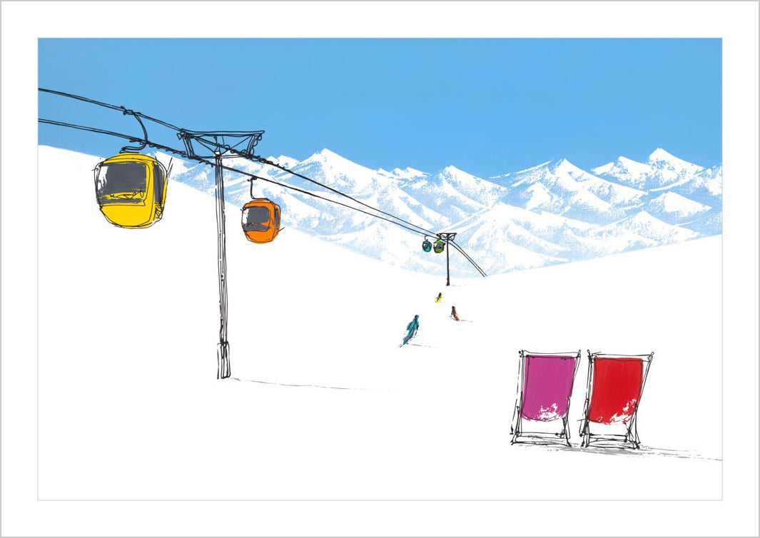 Ski scene art print with cable cars, skiers and deckchairs in the snow by artist Hannah van Bergen