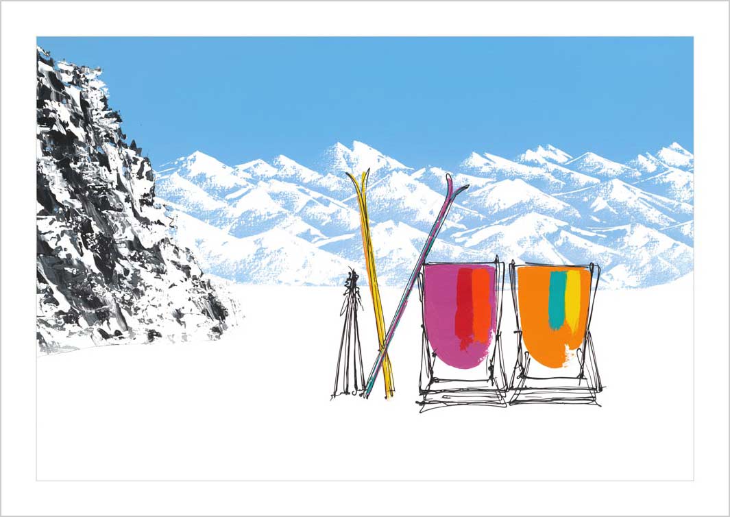 Art print of 2 deckchairs in the snow with skis and mountains by artist Hannah van Bergen