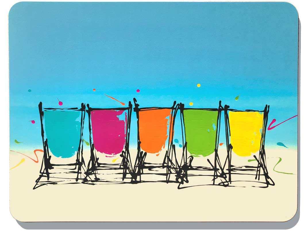 Colourful melamine chopping board with artwork of 5 deckchairs on a beach by artist Hannah van Bergen