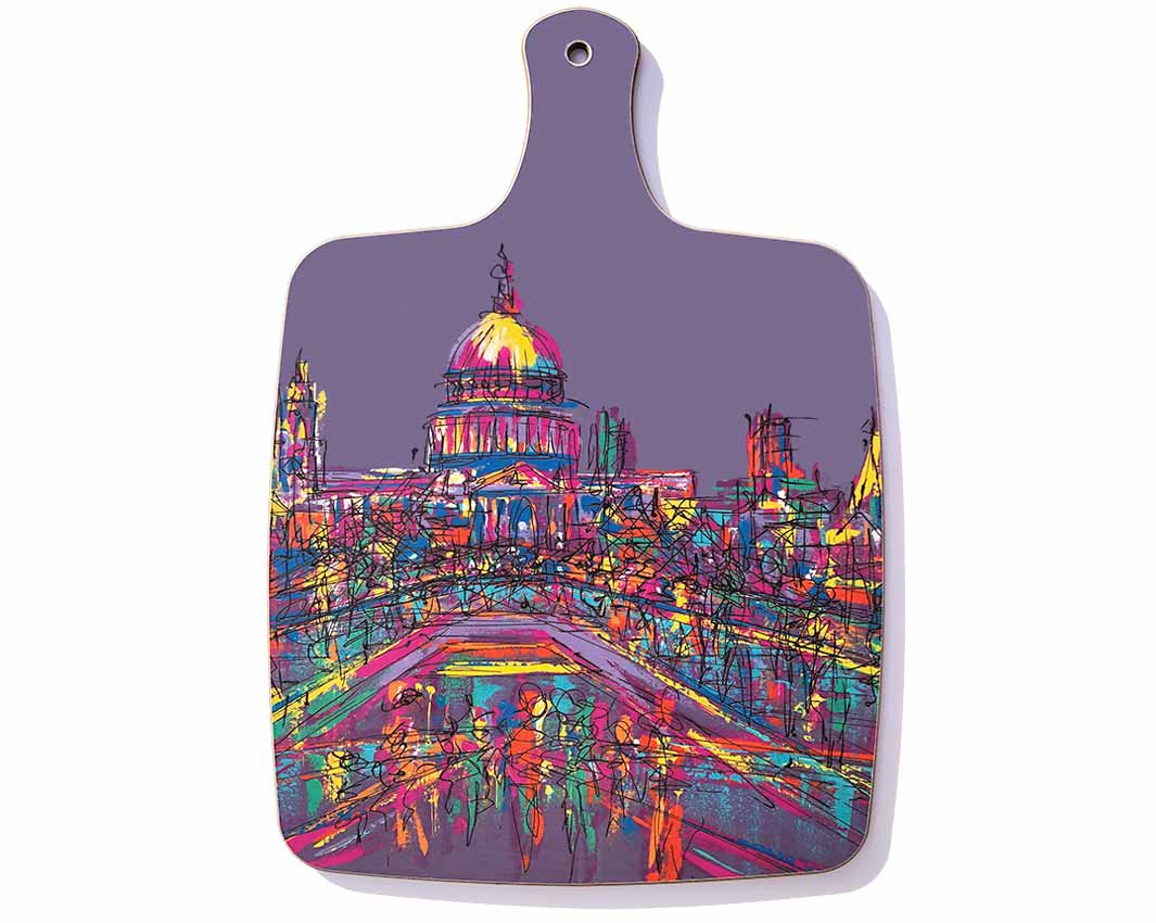 Purple chopping board with handle showing St Paul's Cathedral from Millennium Bridge by artist Hannah van Bergen
