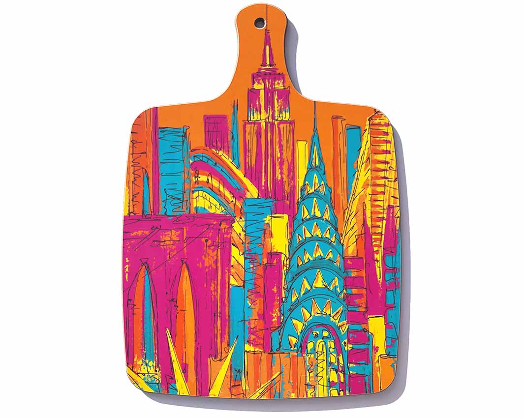 Chopping board with handle featuring artwork of New York iconic buildings and skyscrapers on an orange background by artist Hannah van Bergen